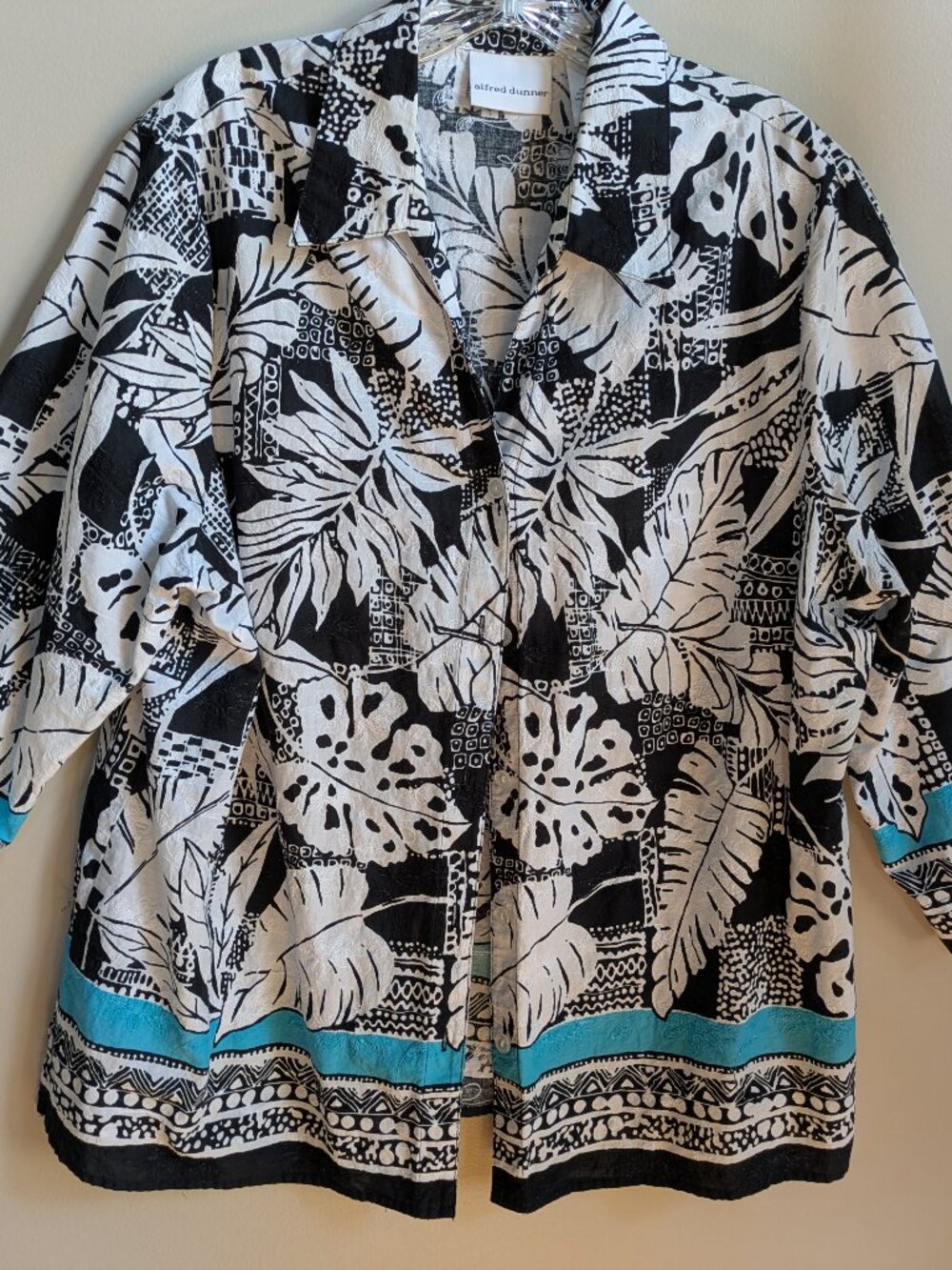 alfred dunner button down shirt white black teal embroidered cotton size 16 #667